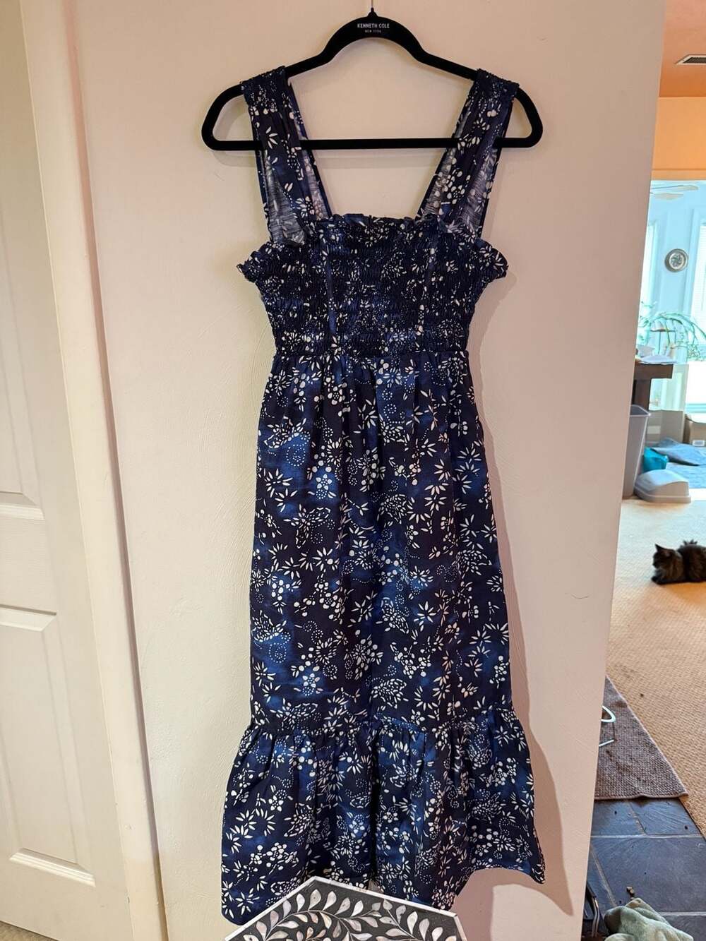 Oliver Bonas Navy Floral Smocked Midi Dress US 4 UK 8 Tiered Cottagecore